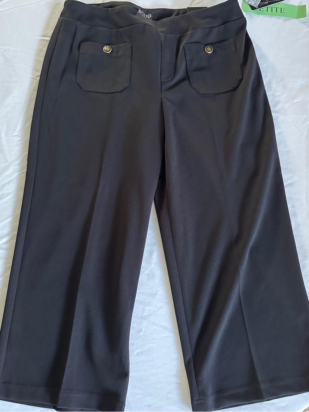 Soho Black Wide-Leg Cropped Dress Pants with Gold Buttons
